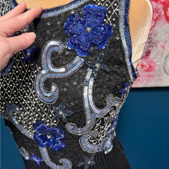 Scala Vintage 90's Beaded Silk Black and Blue Full Length Gown Size M. - Picture 4 of 13